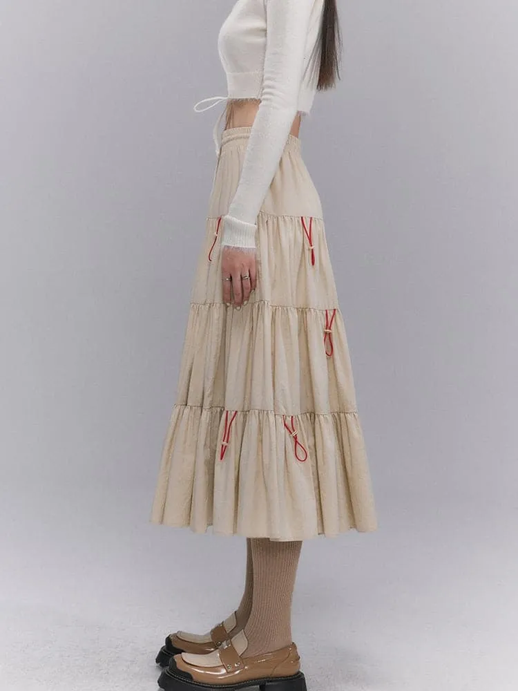 Crumply Flare Drawstring Tiered Long-Skirt