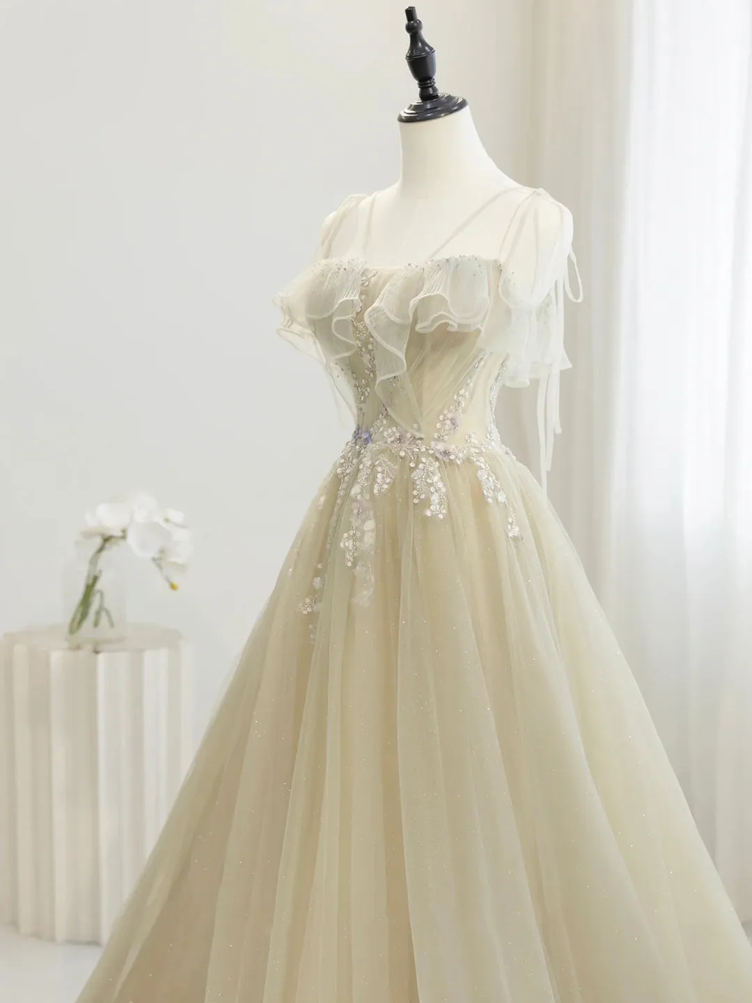 Cute Tulle Sequins Floor Length Prom Dress, Beautiful Spaghetti Strap Evening Party Dress