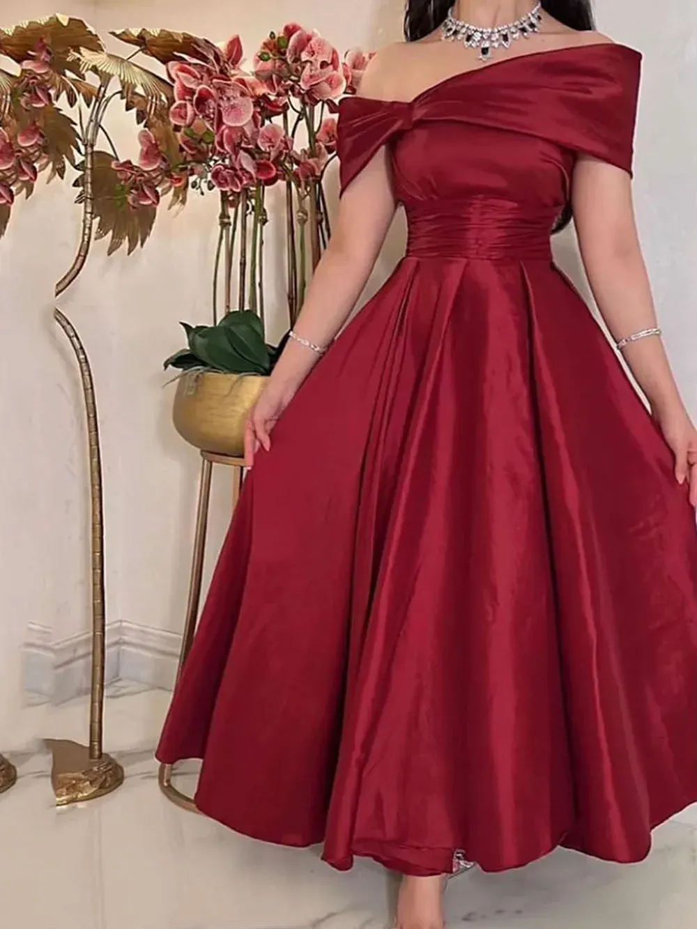 Dark Red Midi Prom Dresses Off Sleeves Ankle Length Arabic Dubai Formal Party Gowns      fg6497