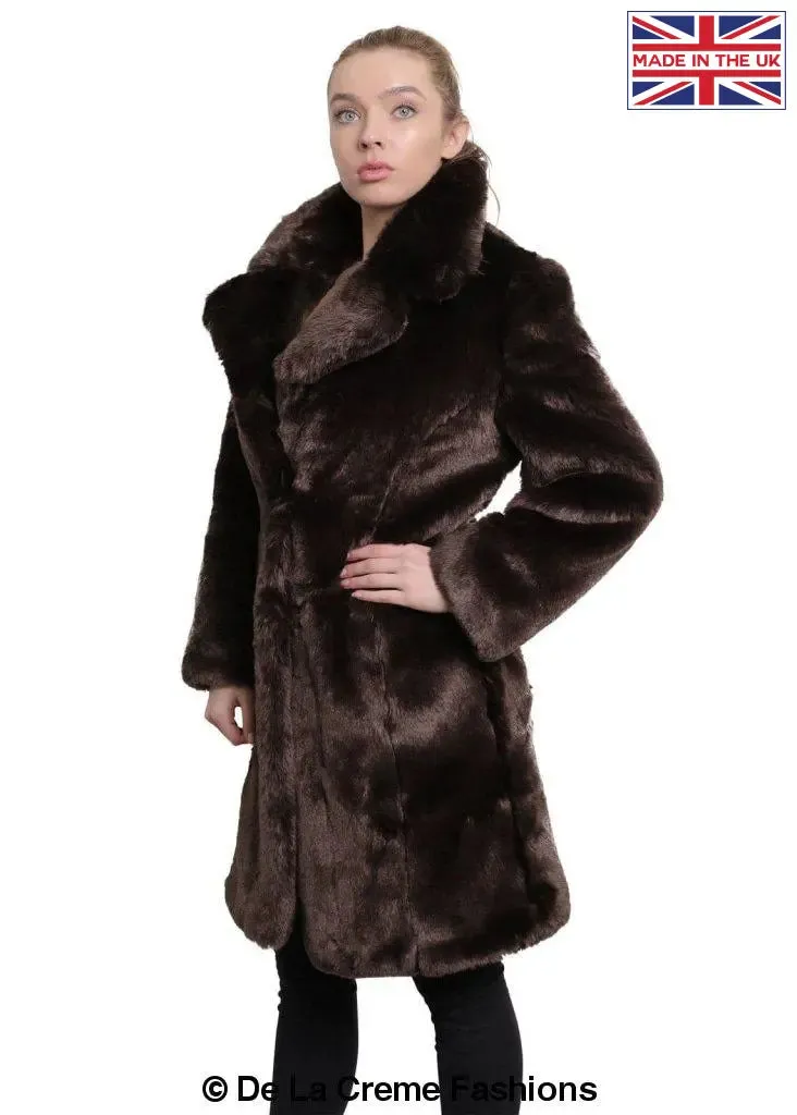 De La Creme - Womens Faux Fur Large Lapel Mid Length Coat