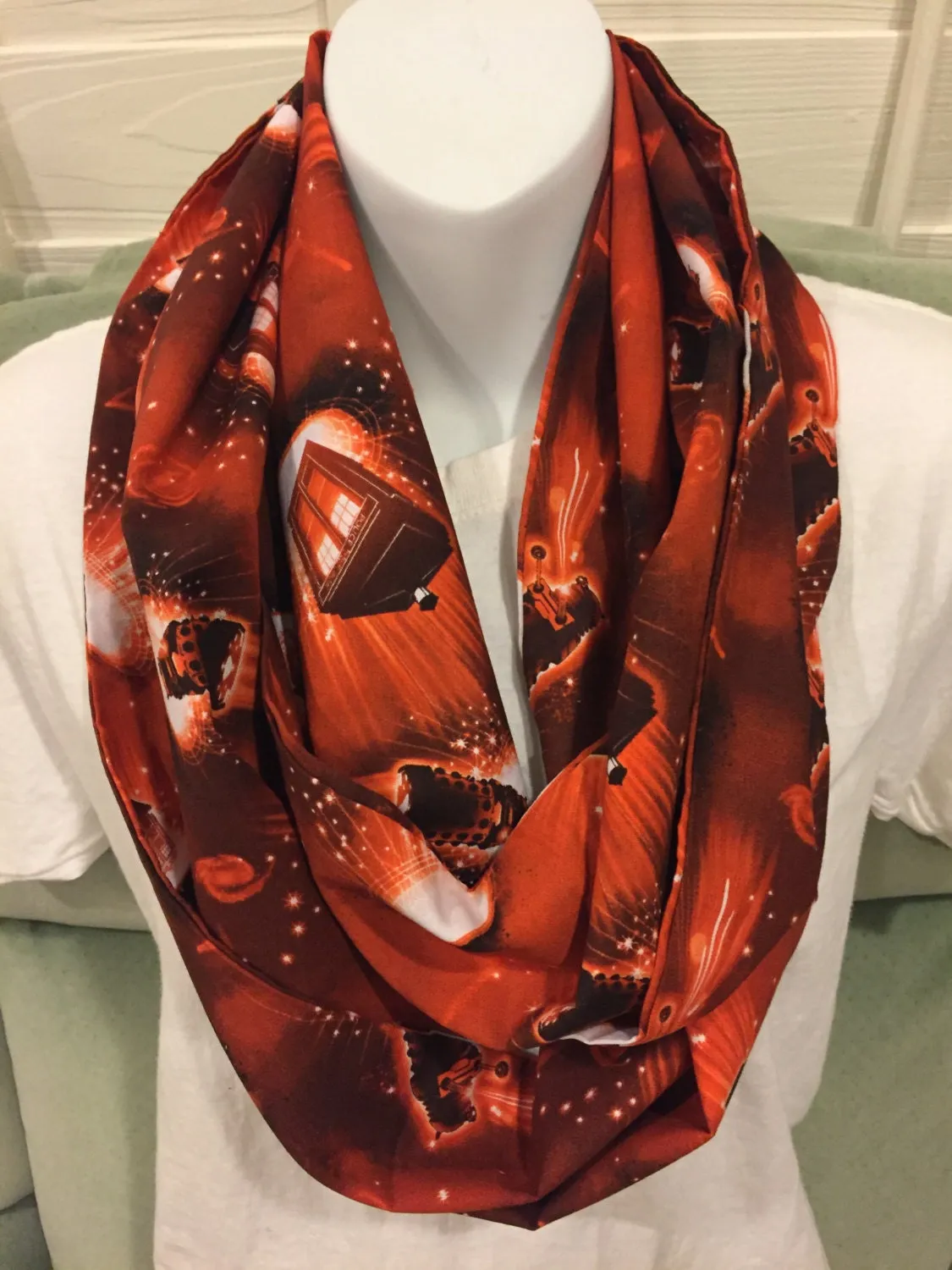 Doctor Who Tardis & Dalek Red Infinity Scarf - Allover Print Accessory | Whovian Fashion | Galactic Gift