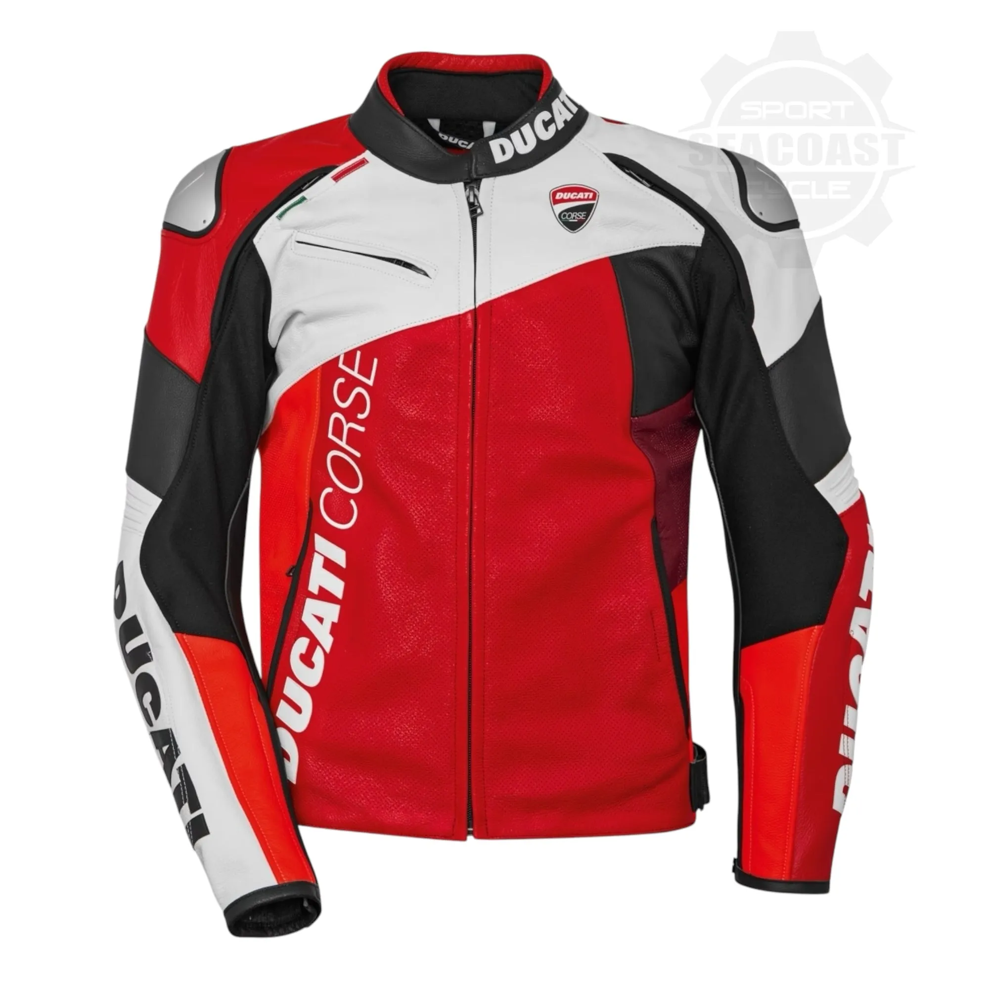 Ducati Corse C6 Leather Motorcycle Jacket Red White Black Perforated (9810745XX)