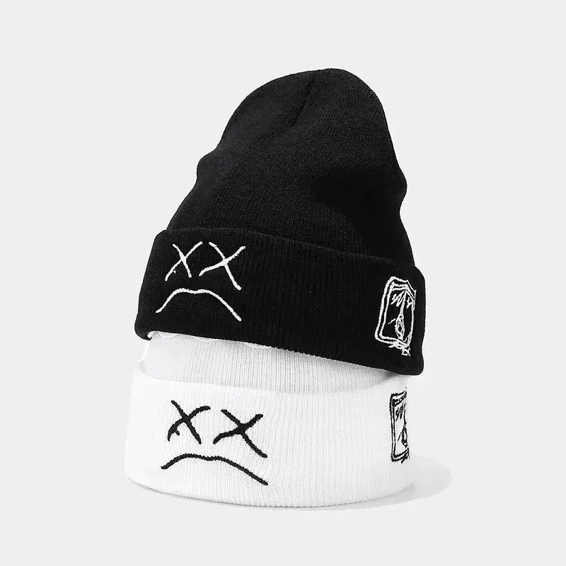 Embroidered Sad Face Hip-Hop Beanie - Cozy Winter Wool Hat