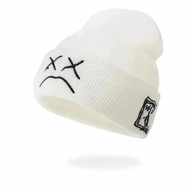 Embroidered Sad Face Hip-Hop Beanie - Cozy Winter Wool Hat