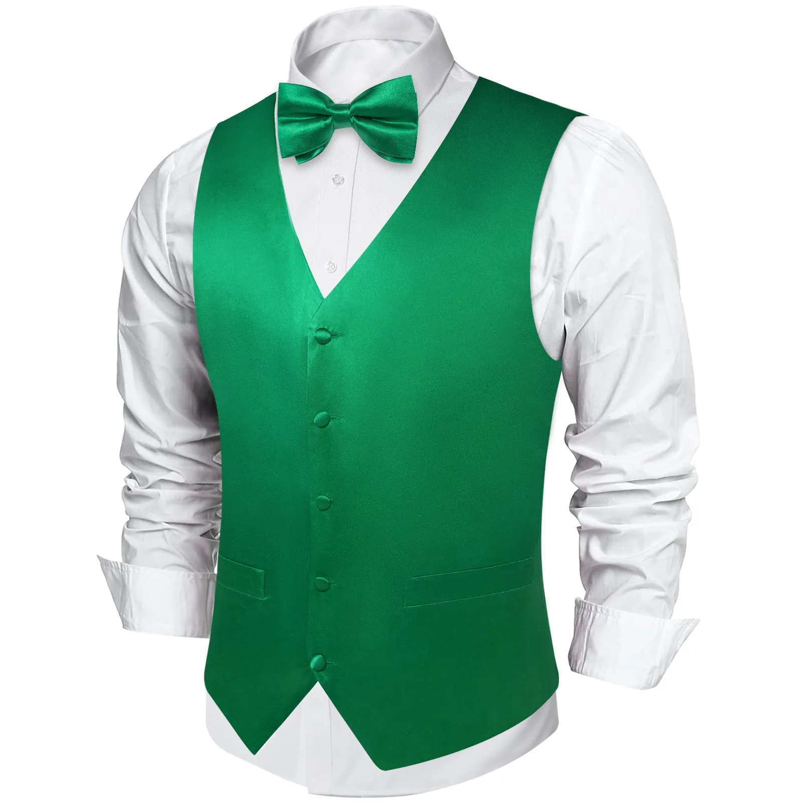 Emerald Green Solid Silk Men's Vest Hanky Cufflinks Bow Tie Set