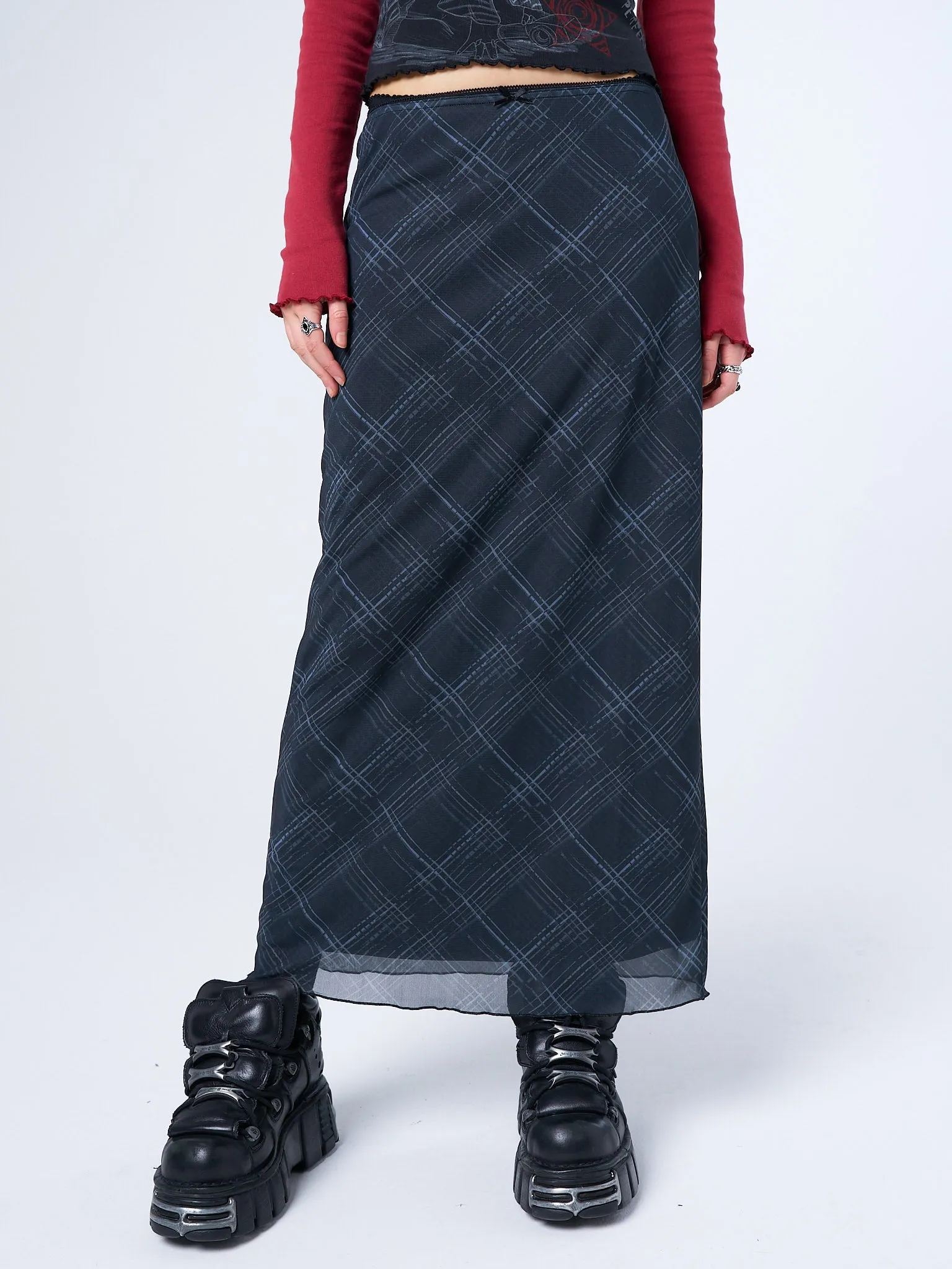 Erika Black Checked Mesh Maxi Skirt