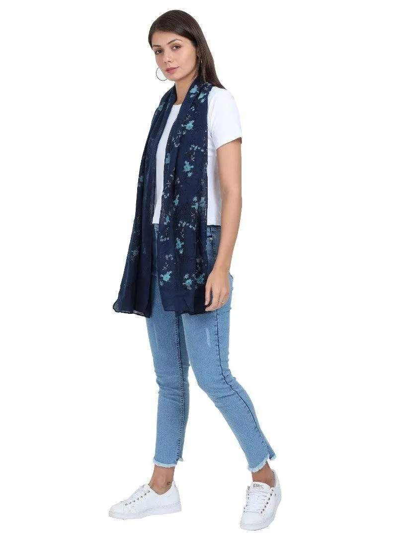 FabSeasons Navy Leaf Printed Cotton Scarf For Women & Girls