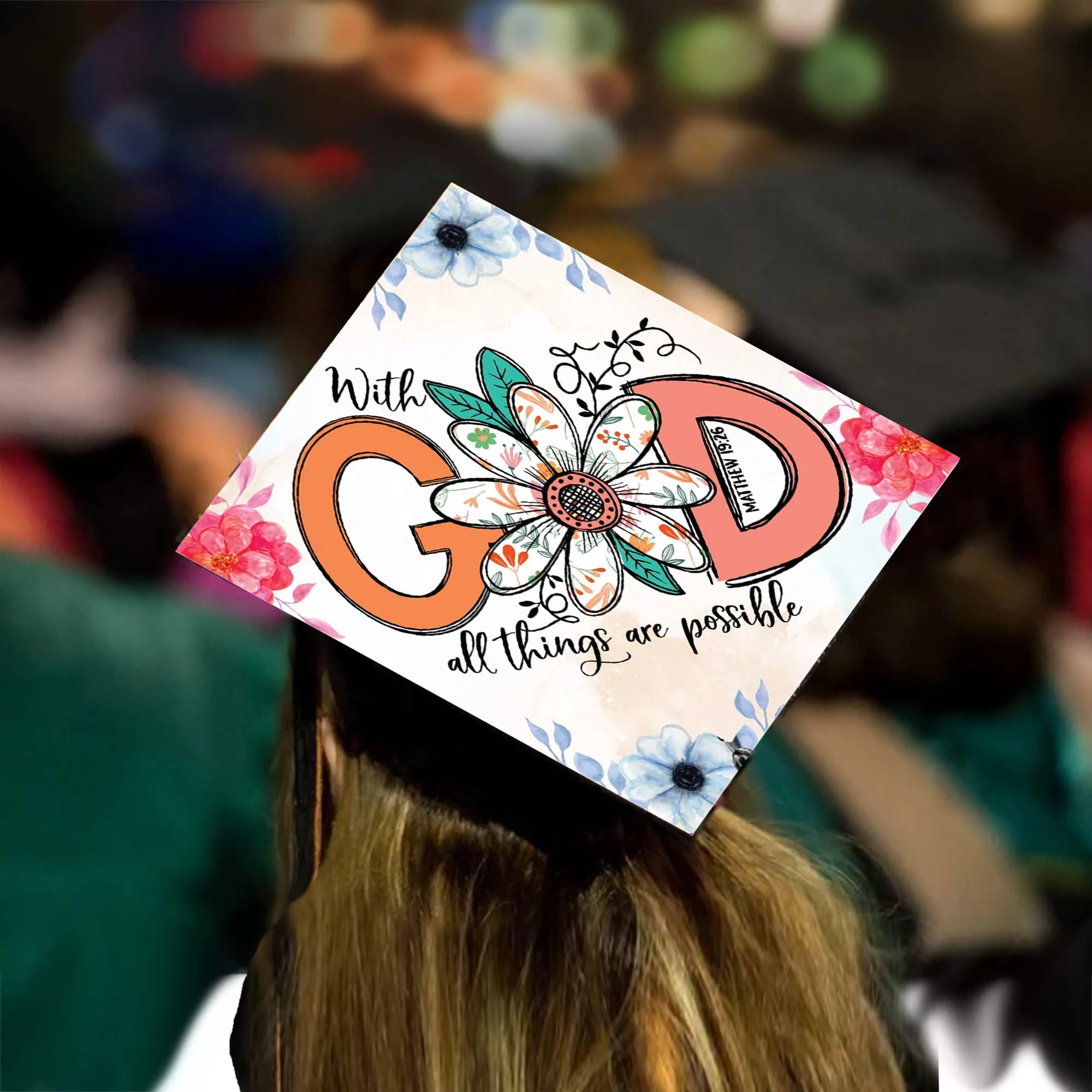 Floral Printed With God All Things are Possible Grad Cap Topper