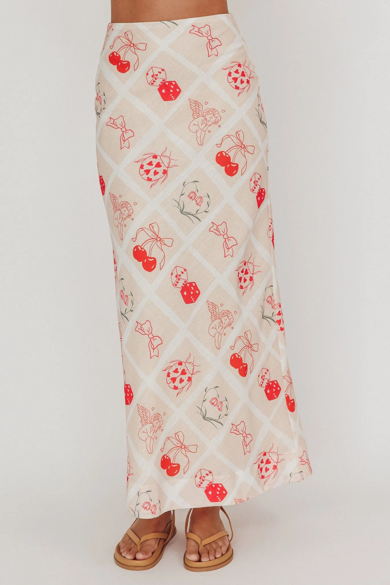 Flowering Romantic Print A-Line Maxi Skirt Beige