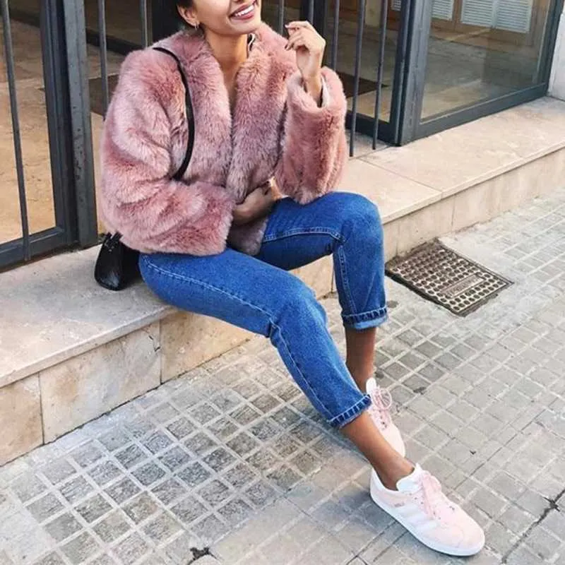 Free Ship Fluffy Mink Pink Faux Fur Coat