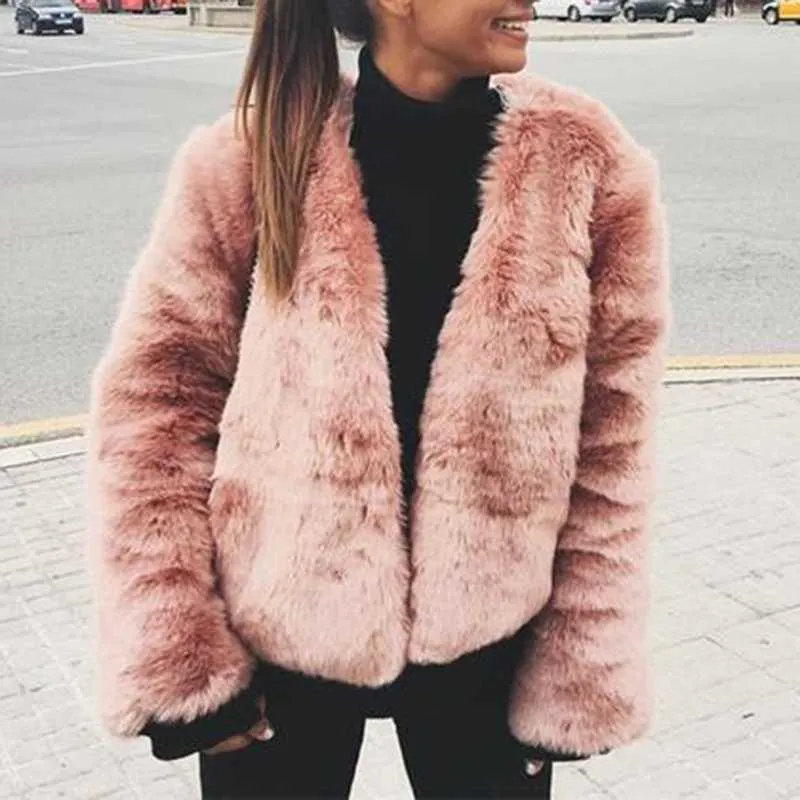 Free Ship Fluffy Mink Pink Faux Fur Coat