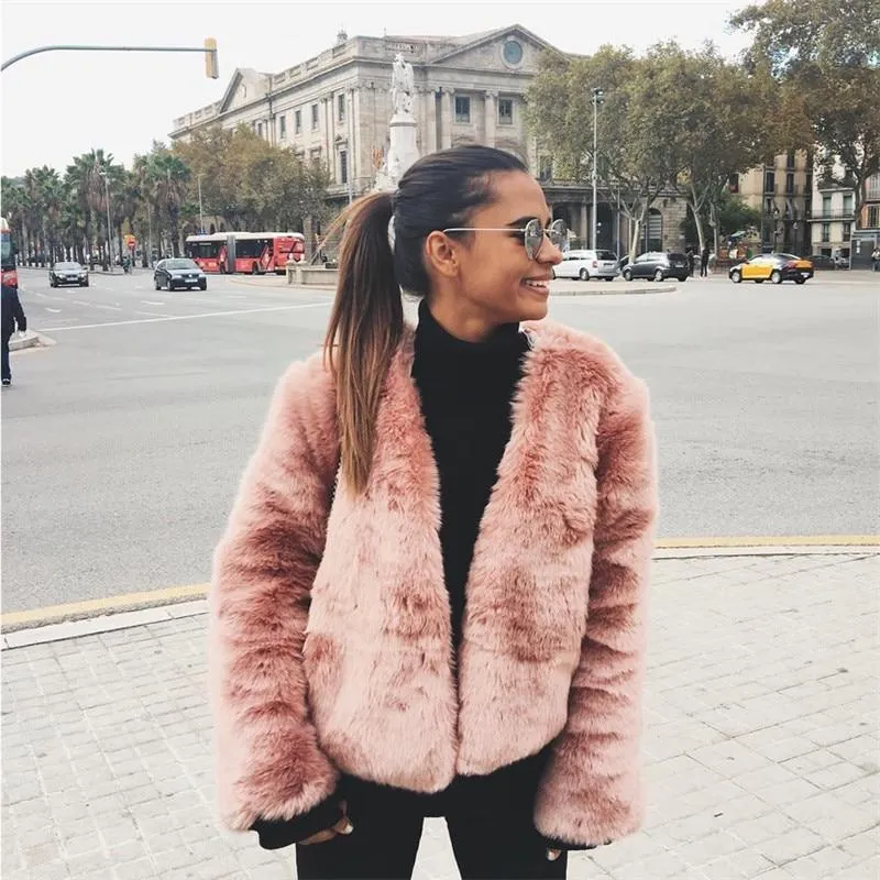 Free Ship Fluffy Mink Pink Faux Fur Coat