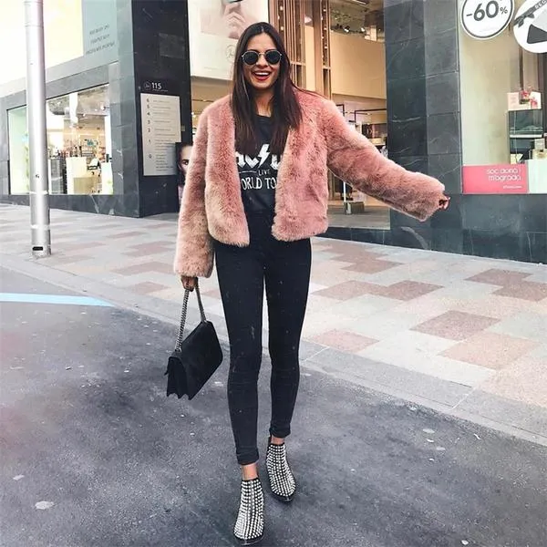 Free Ship Fluffy Mink Pink Faux Fur Coat