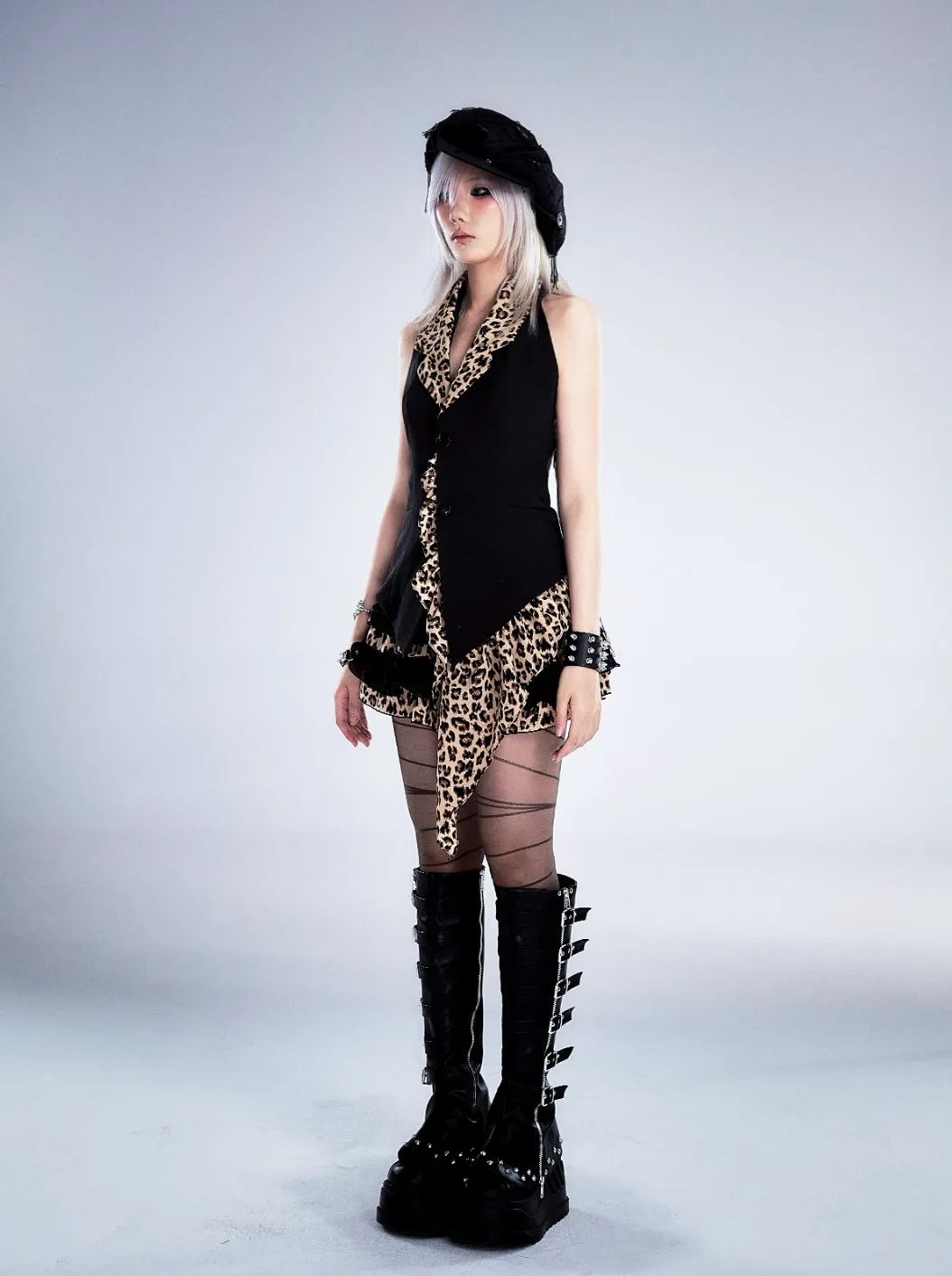 Frustration Garden Gothic Punk Halter Vest - Black With Leopard Print Lapels And Button Front