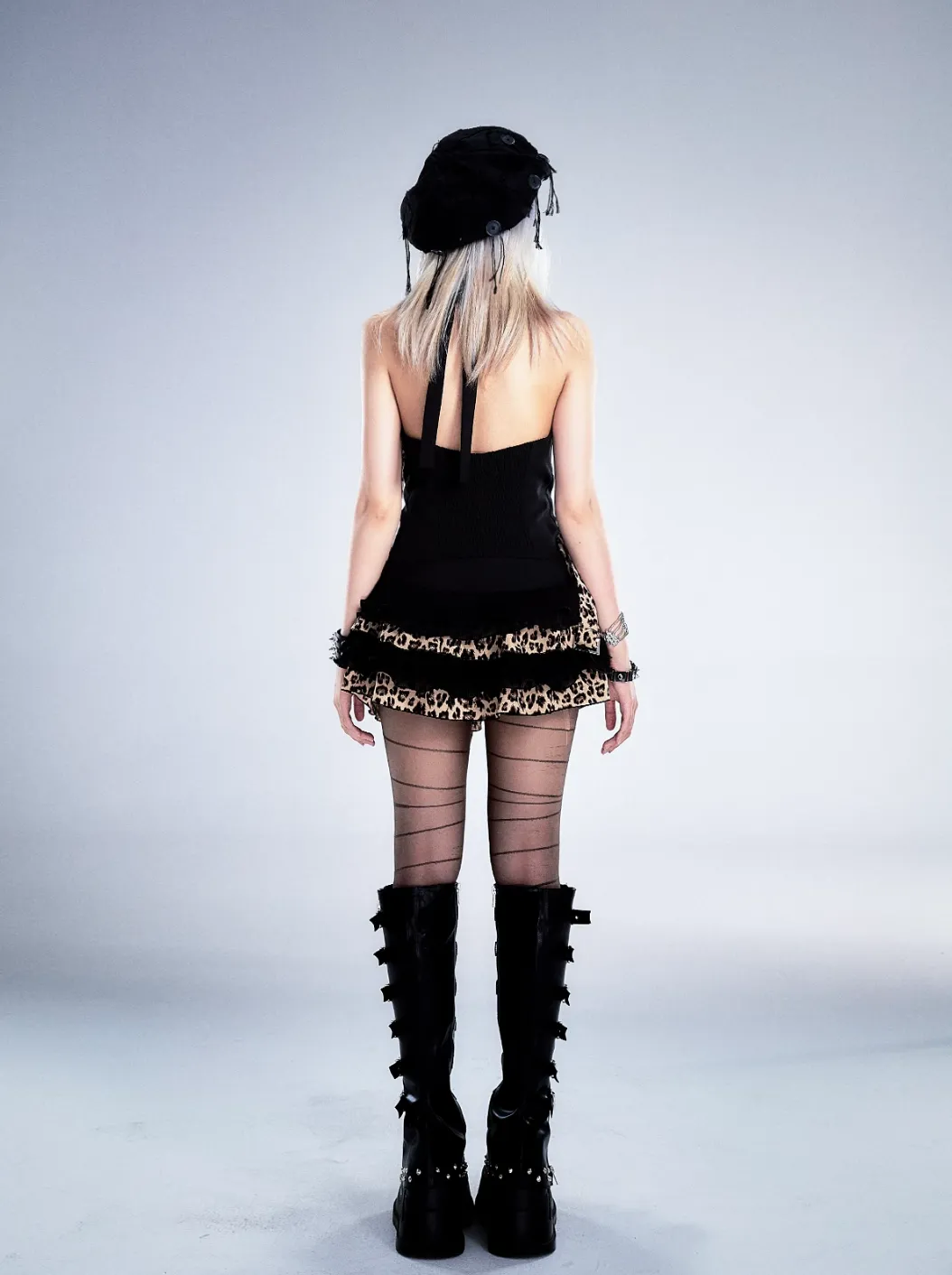 Frustration Garden Gothic Punk Halter Vest - Black With Leopard Print Lapels And Button Front