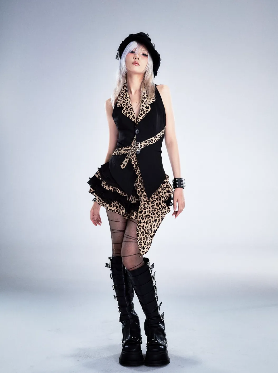 Frustration Garden Gothic Punk Halter Vest - Black With Leopard Print Lapels And Button Front