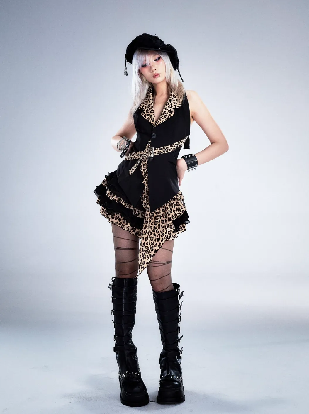 Frustration Garden Gothic Punk Halter Vest - Black With Leopard Print Lapels And Button Front