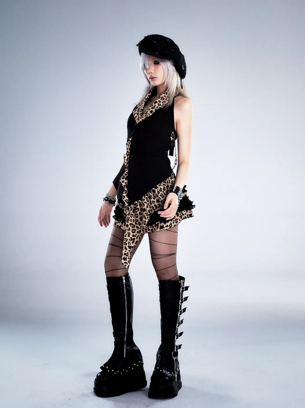 Frustration Garden Gothic Punk Halter Vest - Black With Leopard Print Lapels And Button Front