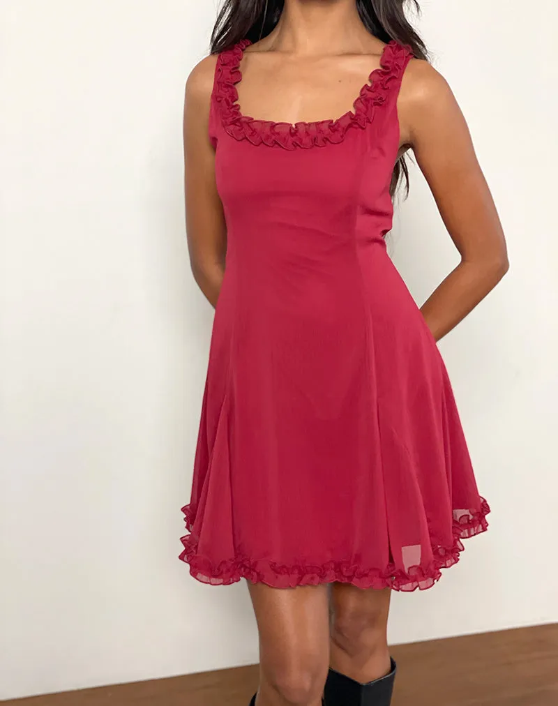 Fulvia Slip Mini Dress with Ruffles in Deep Red