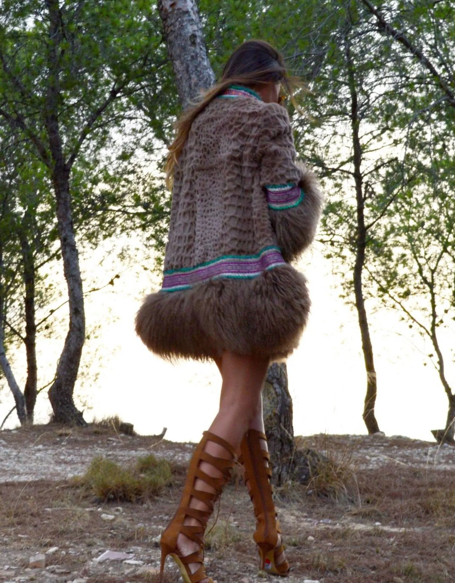 Fur Coat with Purple Ribbon in Brown