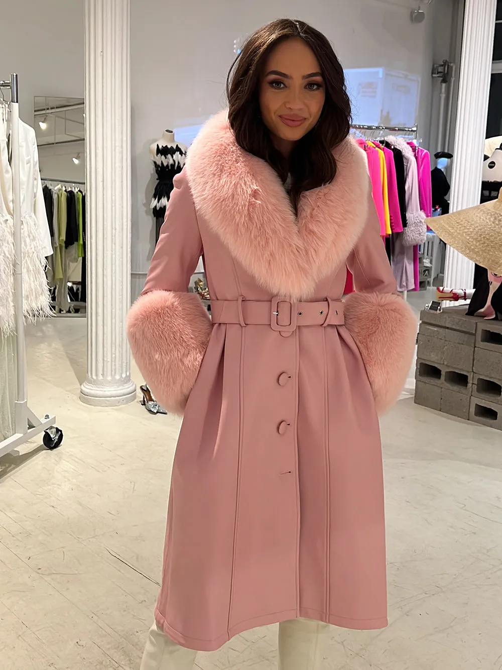 Fur Foxy Leather Coat in Light Pink