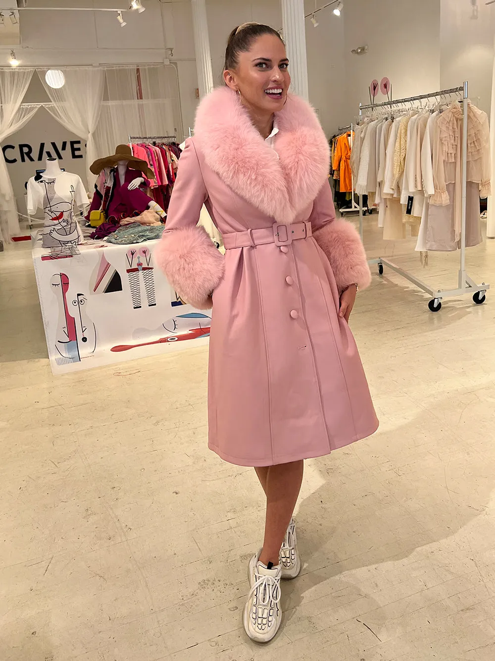 Fur Foxy Leather Coat in Light Pink