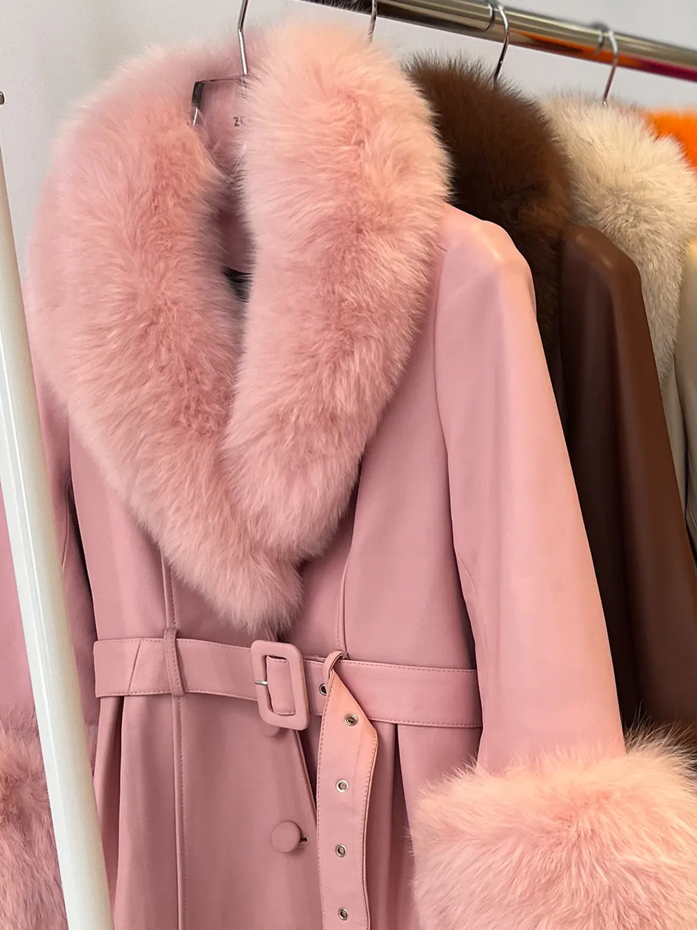 Fur Foxy Leather Coat in Light Pink