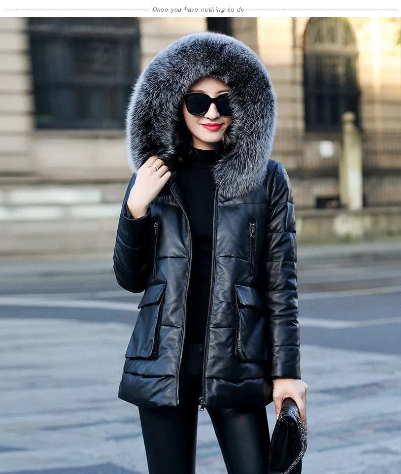 Genuine Leather Jacket Women Faux Fox Fur and Hooded