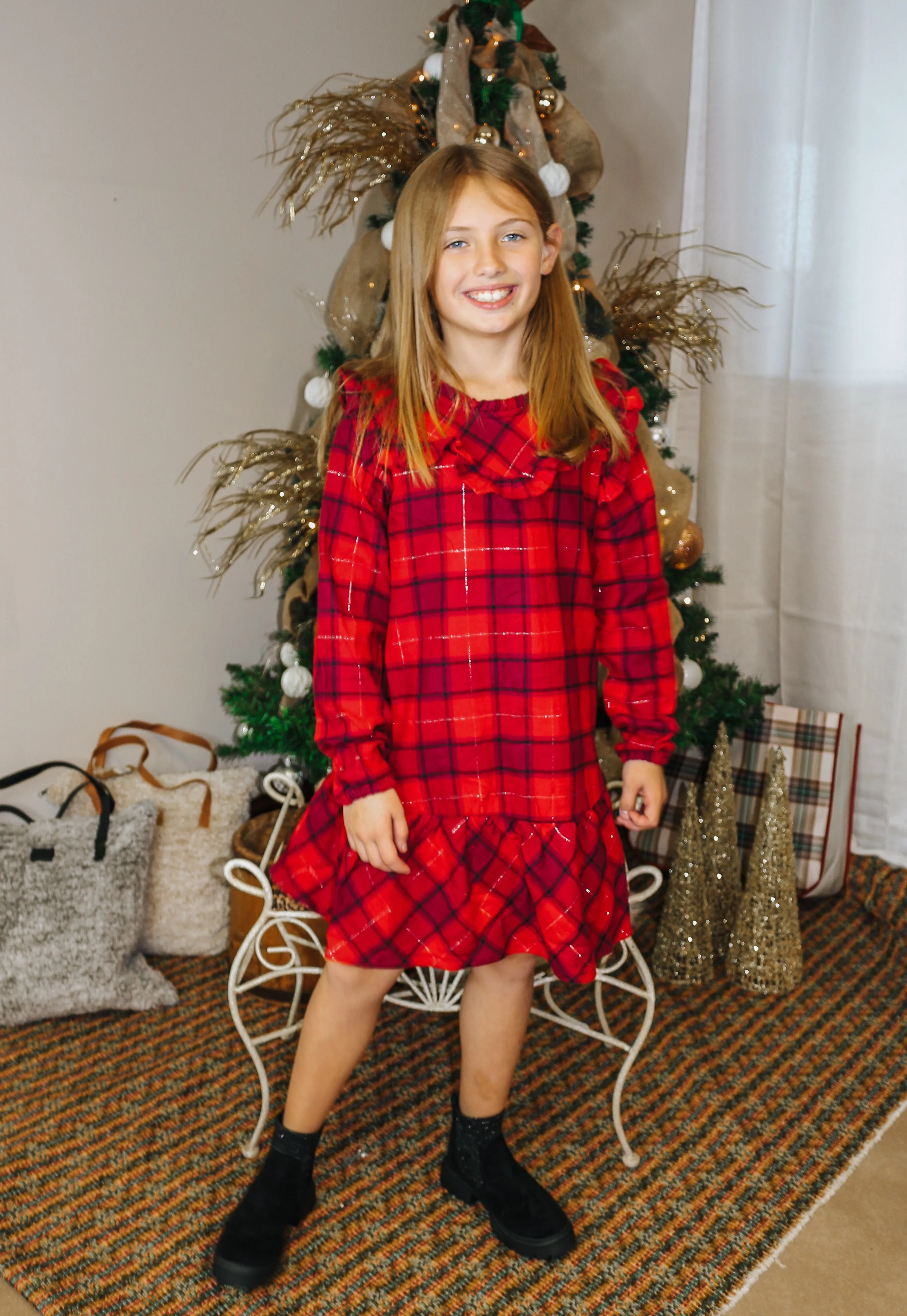 Girl's Red Ruffle Yoke Drop Waist Flannel Dress