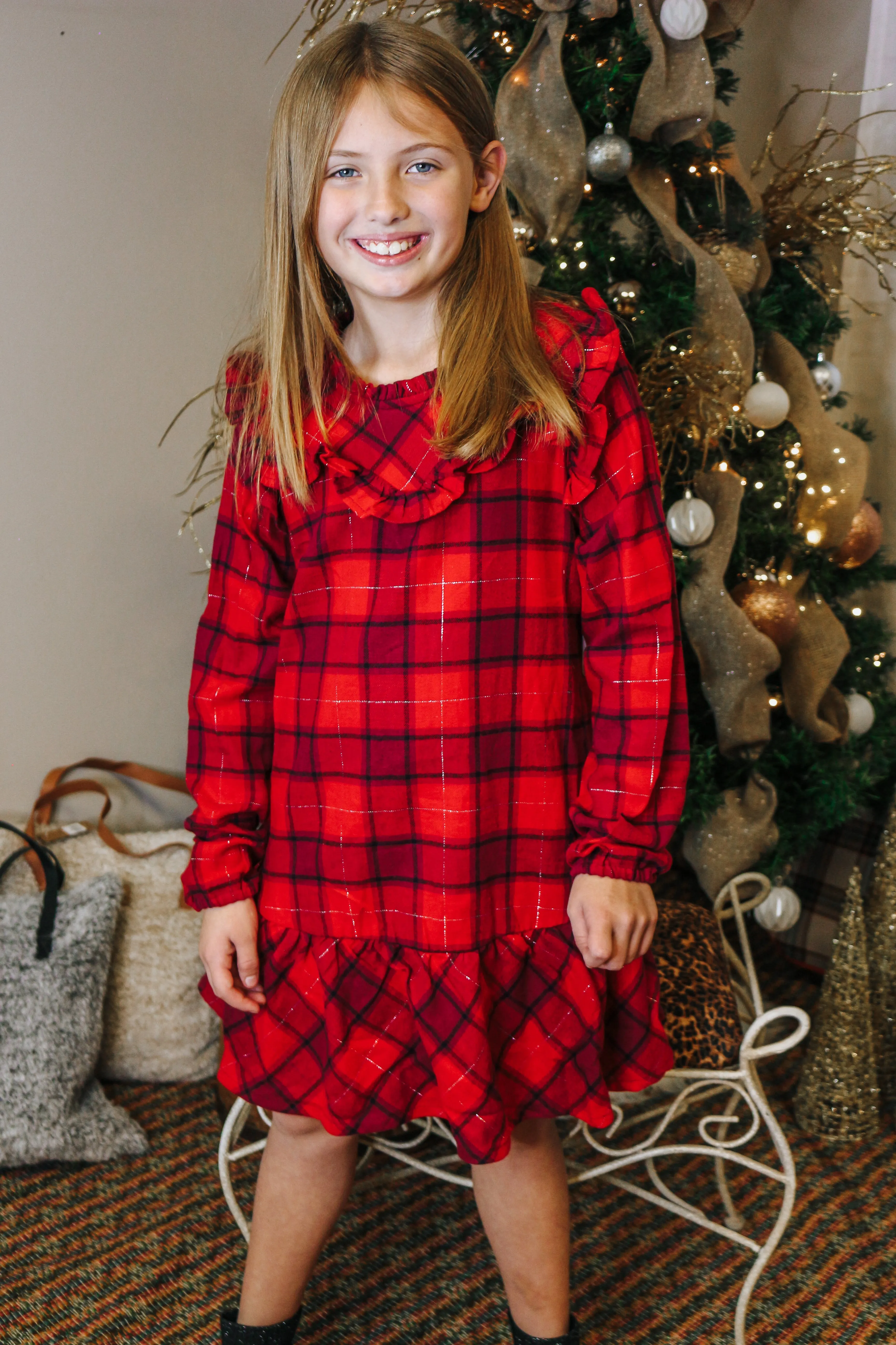 Girl's Red Ruffle Yoke Drop Waist Flannel Dress