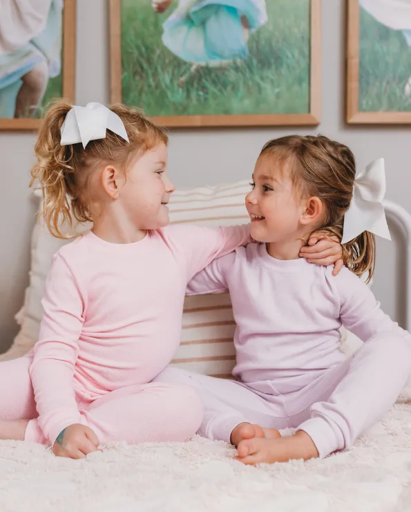 Girls Soft & Cozy Thermal 2-Piece Long Johns | Oatmeal w- Light Pink Stitch