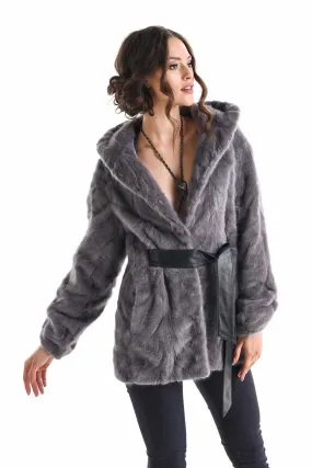 Gray Hooded Genuine Mink Fur Coat with Leather Belt