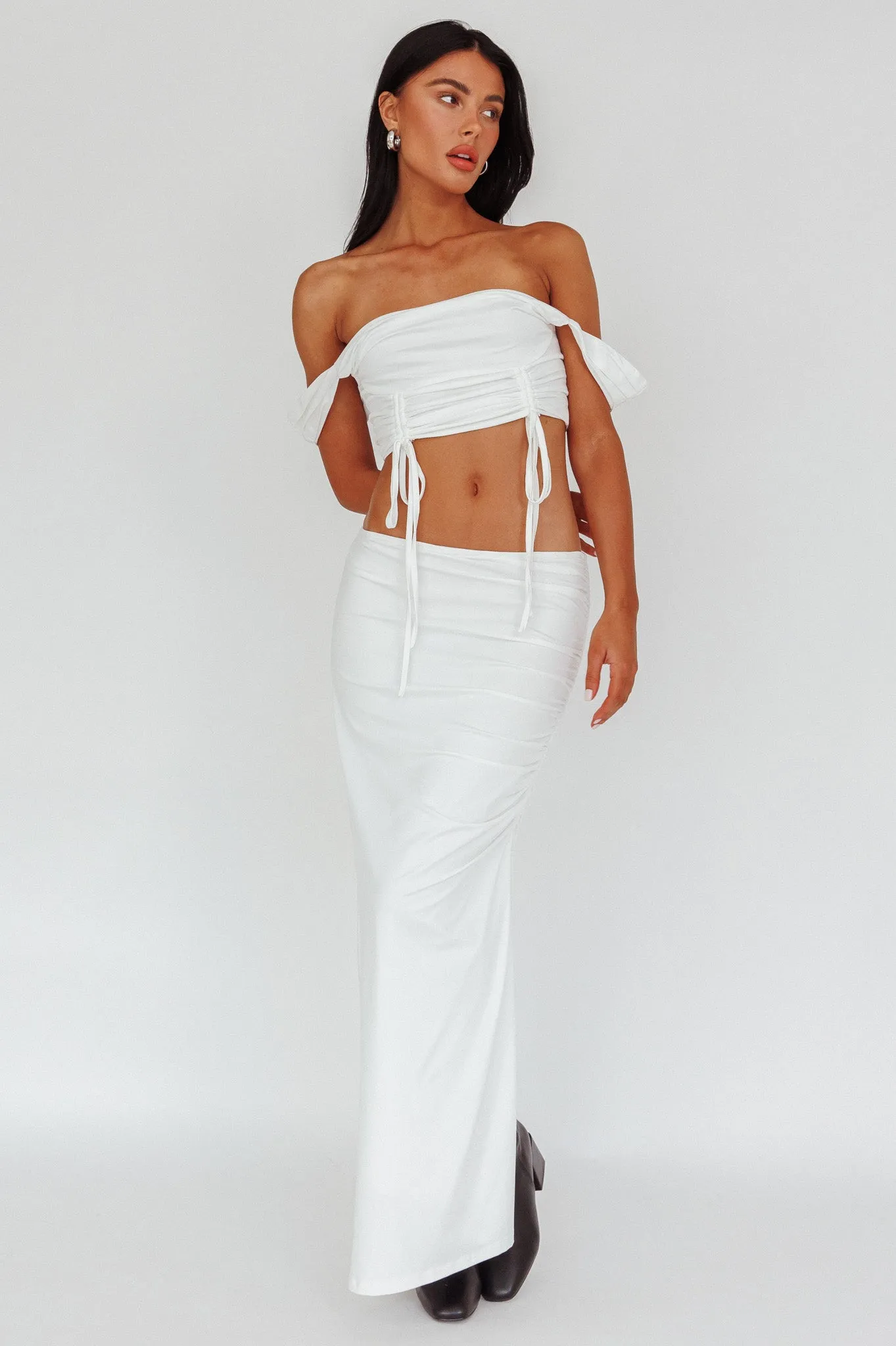 Headliner Ruched Side Maxi Skirt White