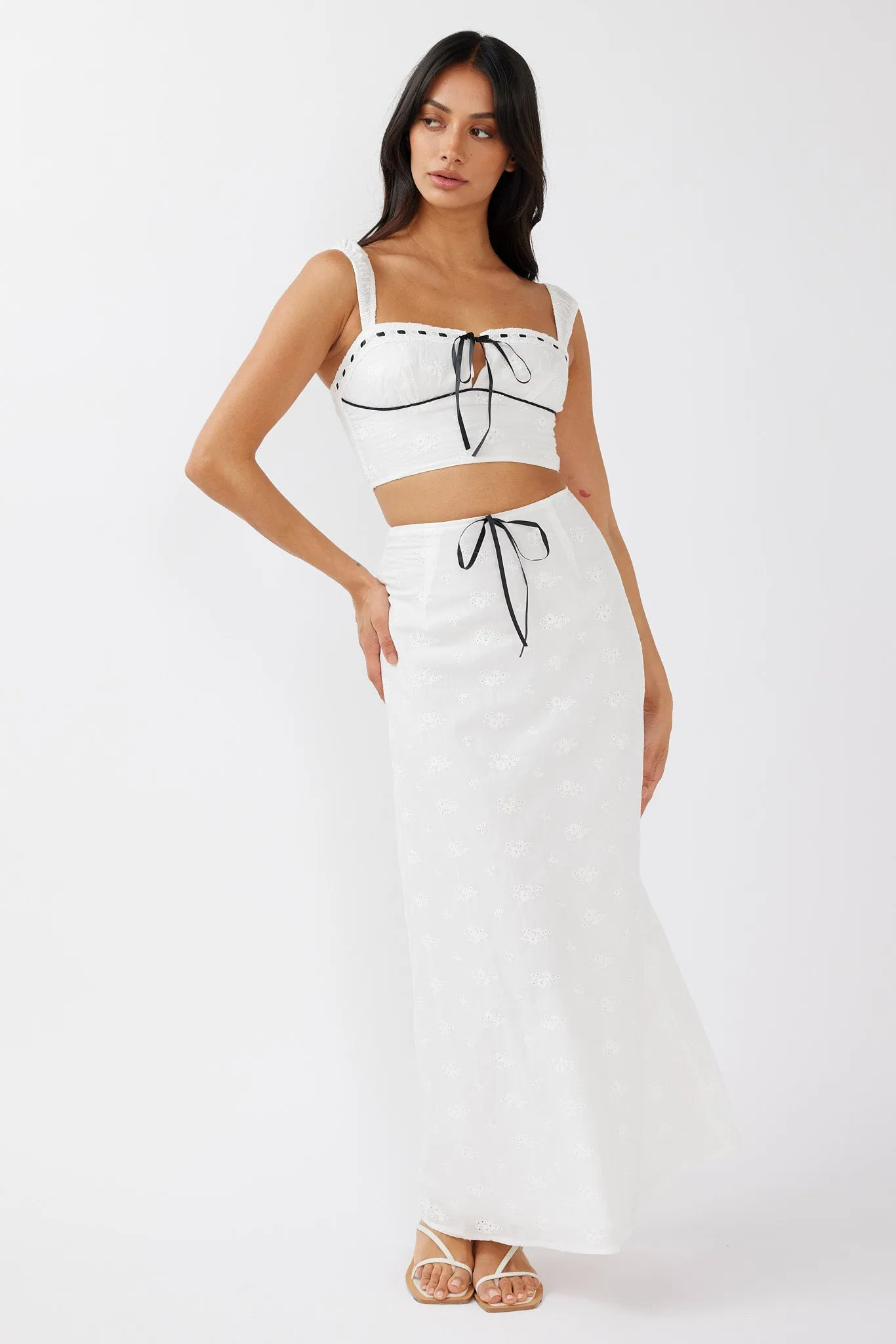 Helga Eyelet Embroidery Bow Maxi Skirt White