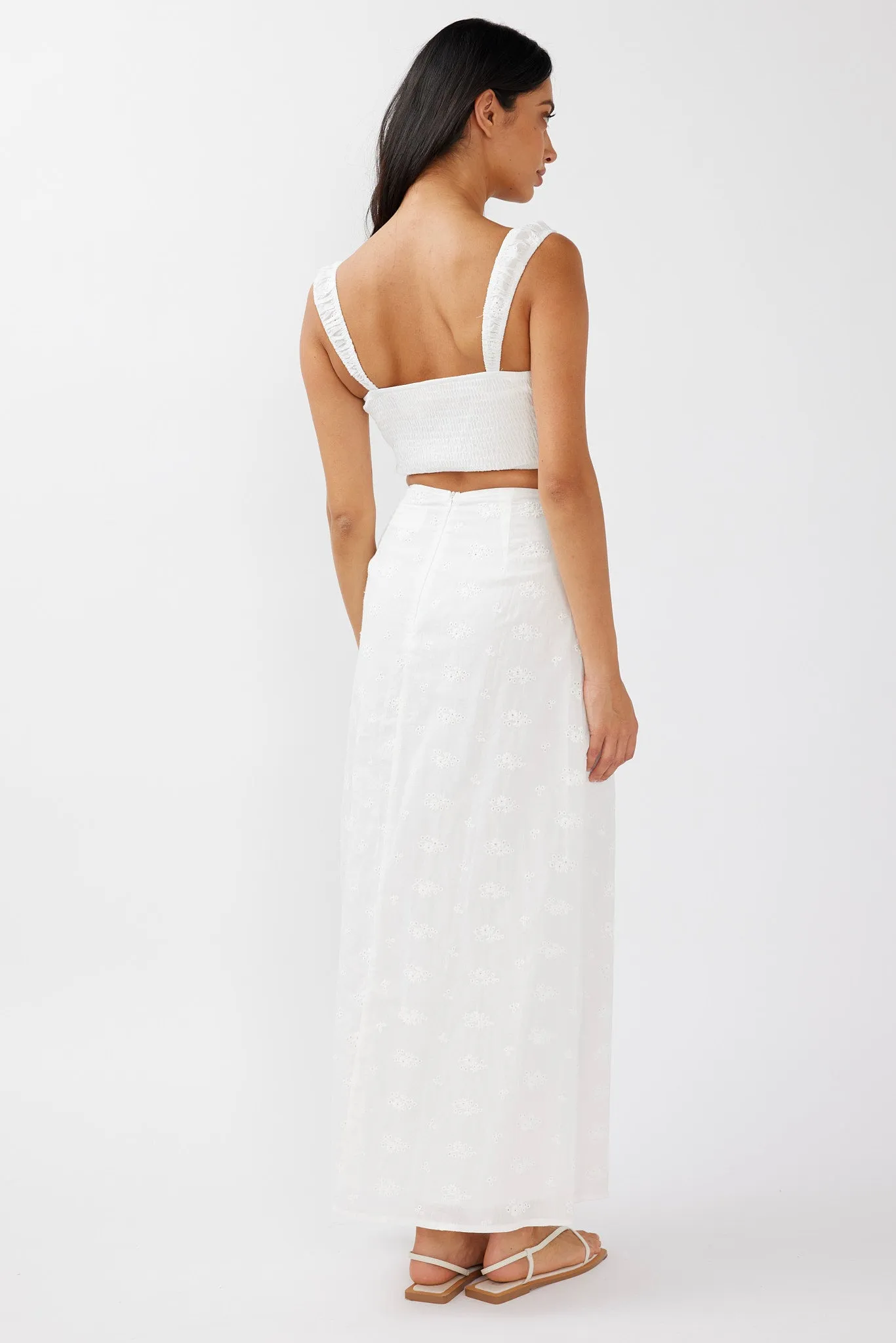 Helga Eyelet Embroidery Bow Maxi Skirt White