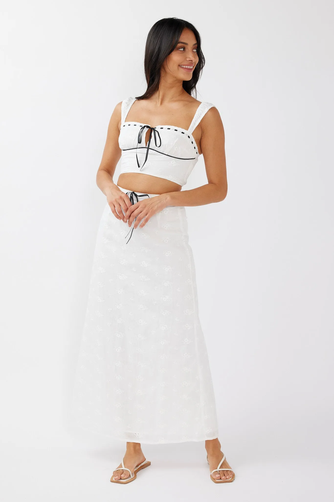 Helga Eyelet Embroidery Bow Maxi Skirt White