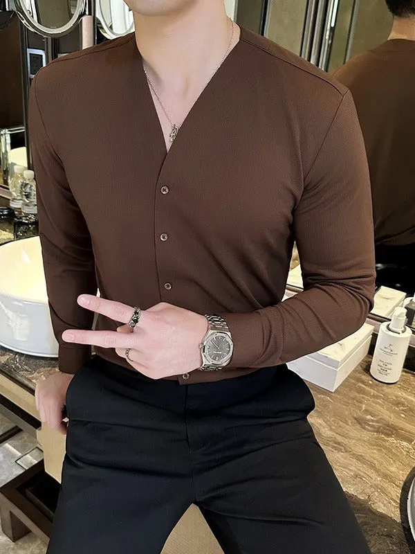 High-Texture Waffle V-neck Long Sleeve Shirt for Men