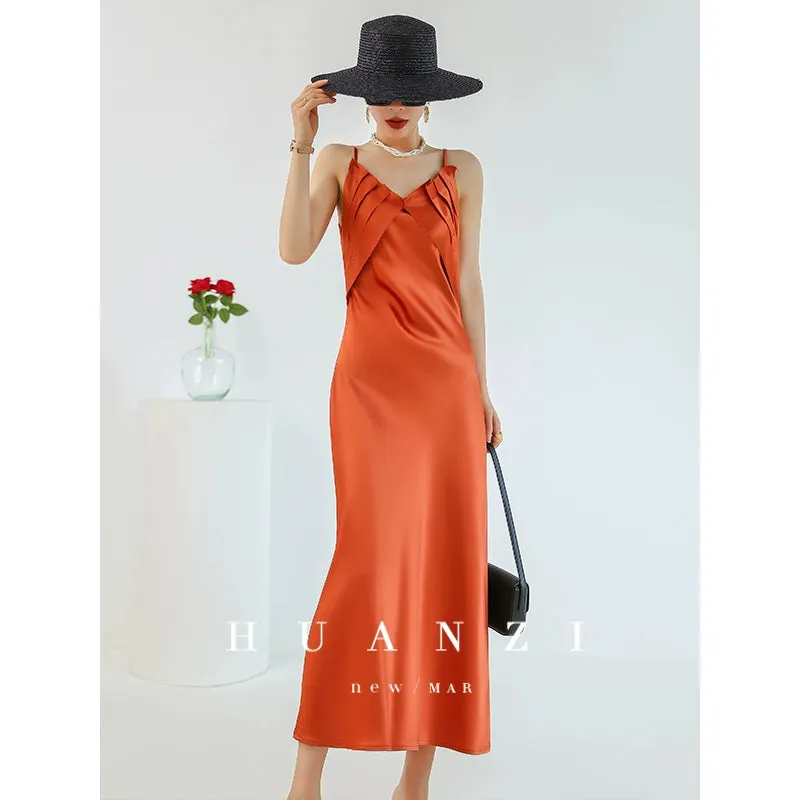 Huanzi satin French high-end slip long dress - Chine