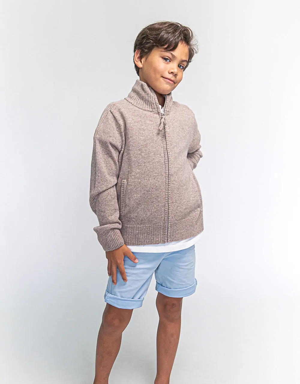 Hugo Jacket Boys Zip-Up Cashmere Jacket in Greige