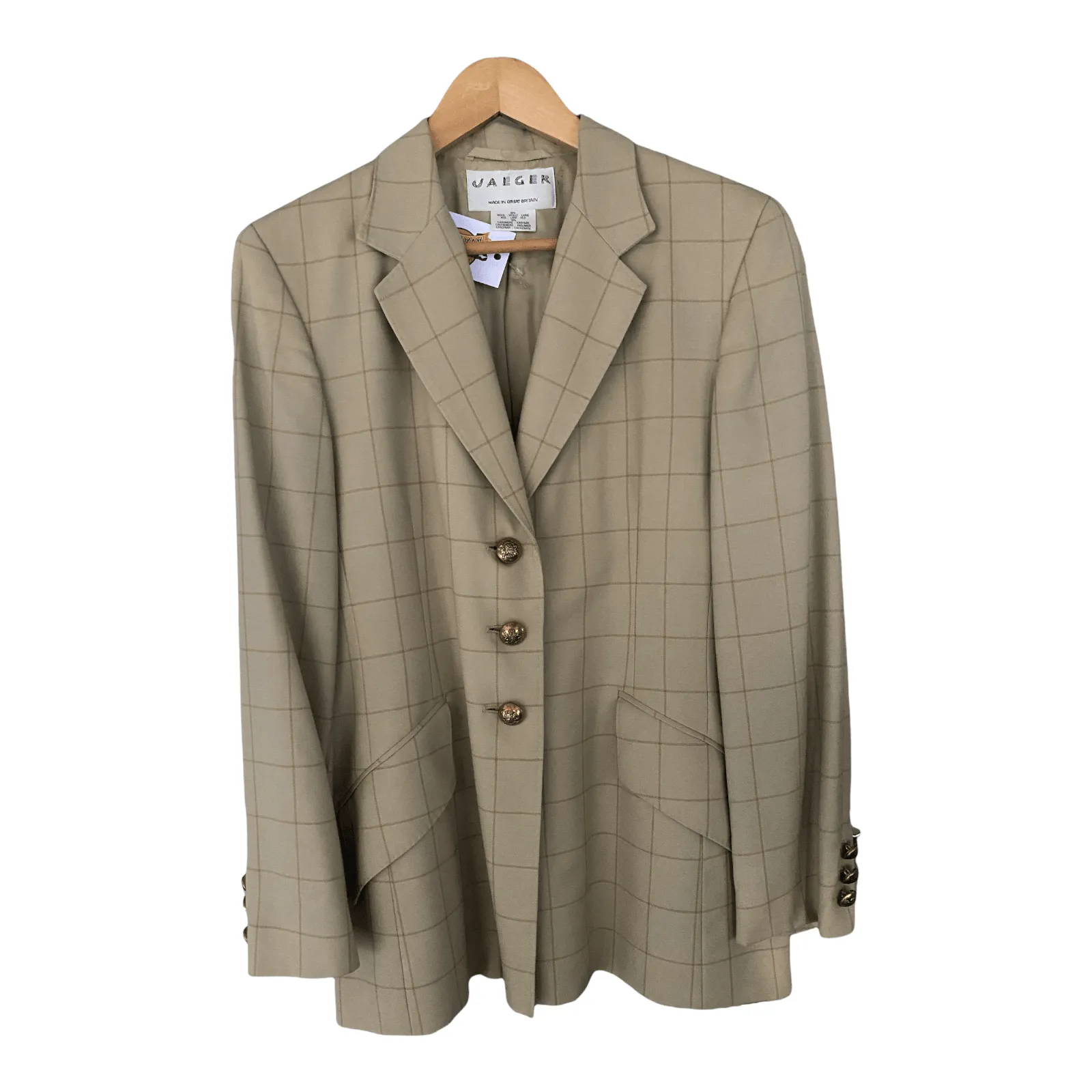 Jaeger Wool and Cashmere Single Breasted Jacket Camel Colour Check UK12