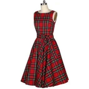 Ketty More Women Sleeveless Cloth Belt Plaid Dress-KMWDC5103