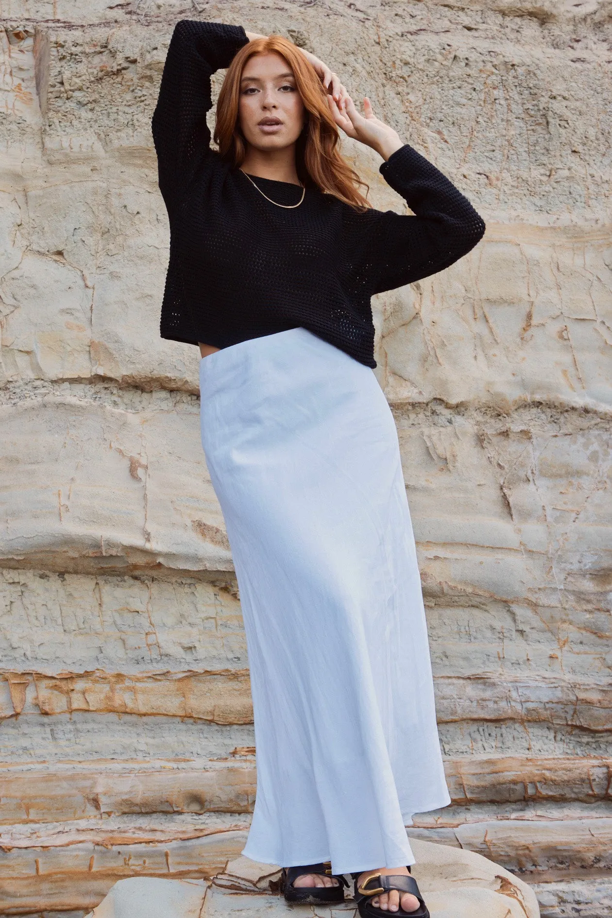 Lagos White Linen Floaty Bias Cut Maxi Skirt