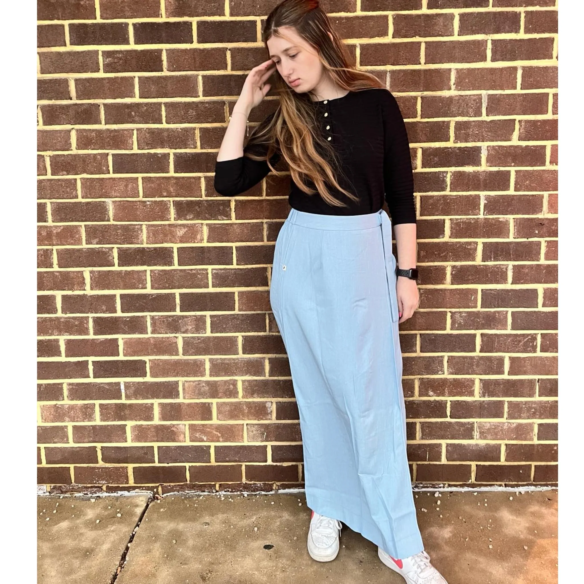 Light Denim Wrap Casual Maxi Skirt