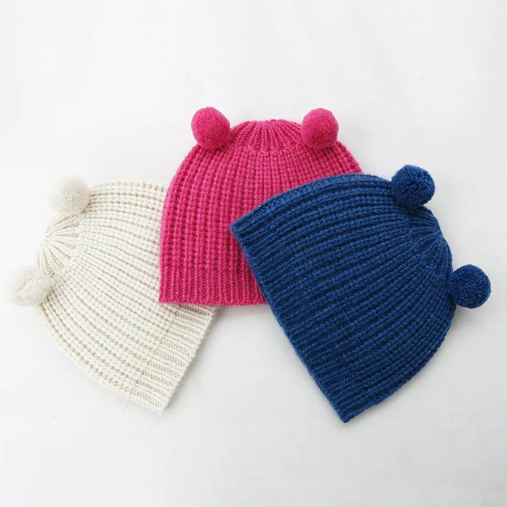 Little Cashmere Beanie with Pom Pom Ears in Peony