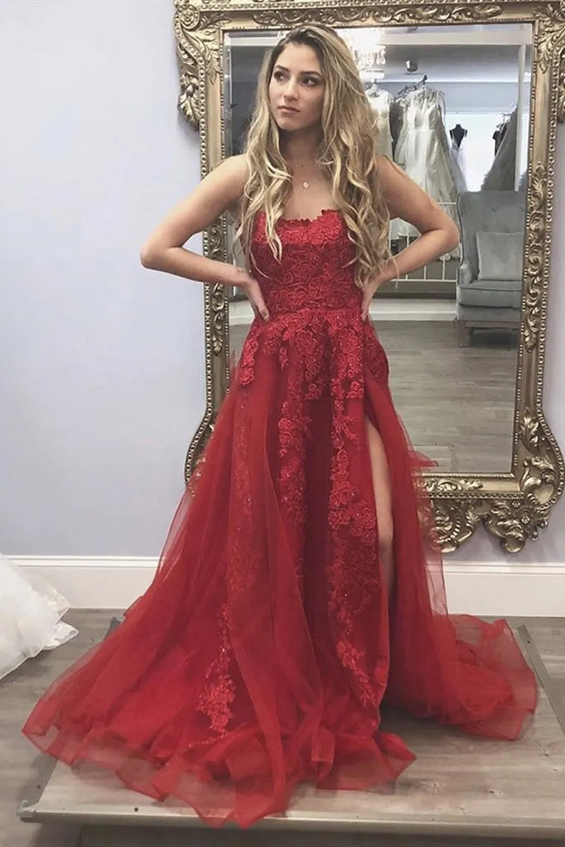 Long Burgundy Lace Floral Prom Dress with High Slit, Burgundy Lace Floral Formal Graduation Evening Dress