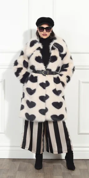 Luxe Moda LM345 - Beige Black - Heart Print Faux Fur Coat