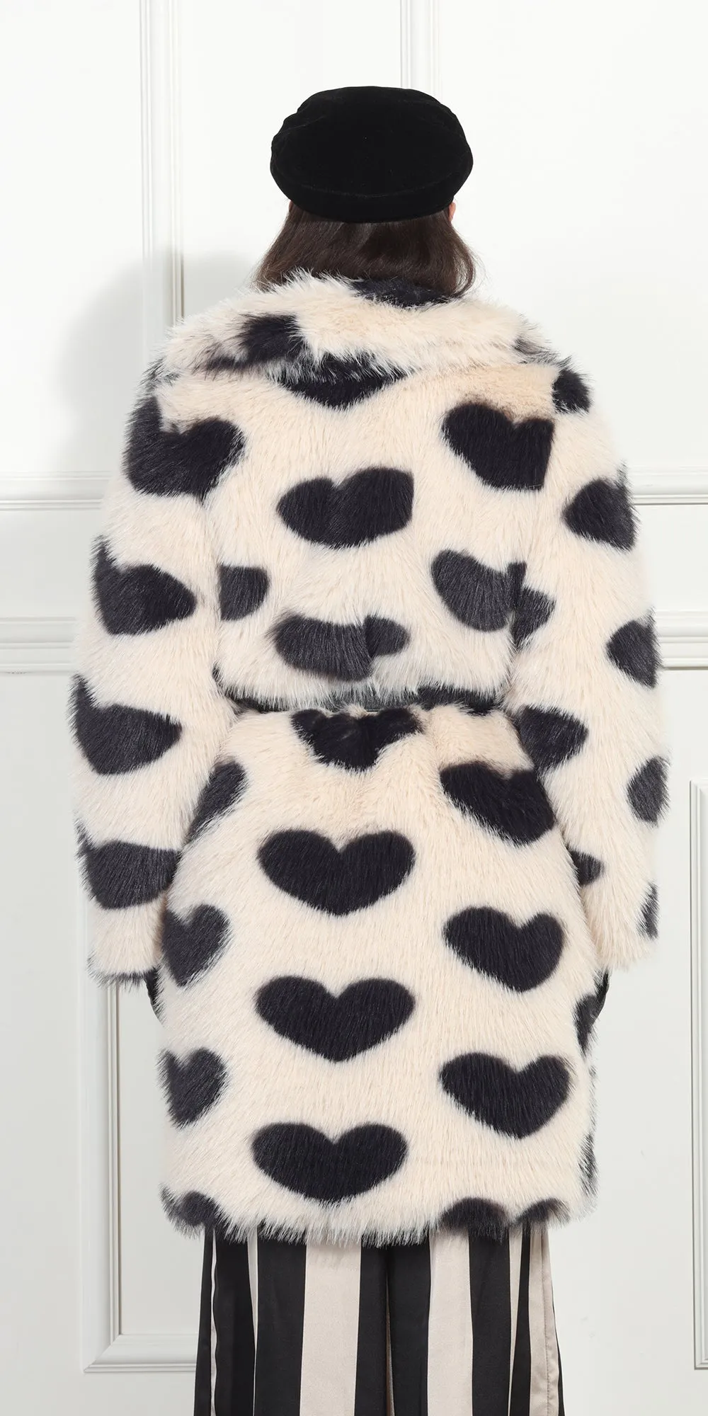 Luxe Moda LM345 - Beige Black - Heart Print Faux Fur Coat