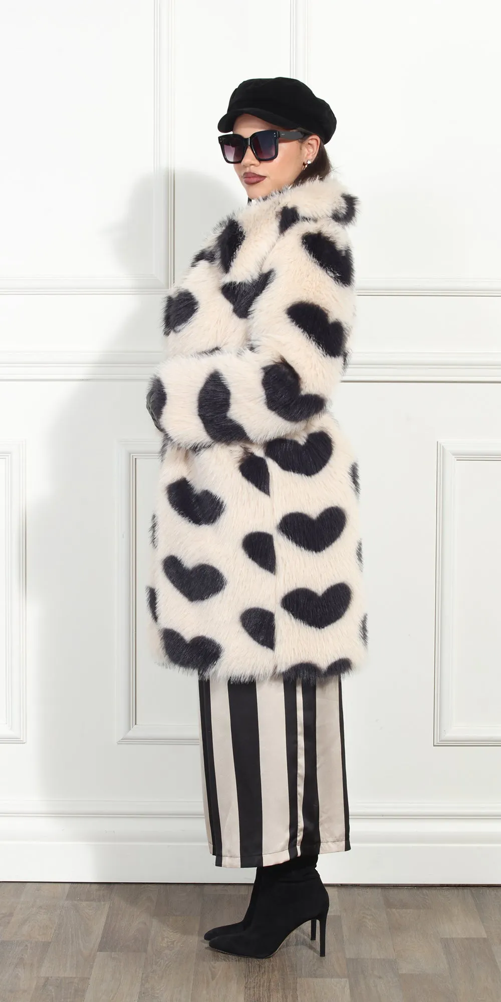 Luxe Moda LM345 - Beige Black - Heart Print Faux Fur Coat