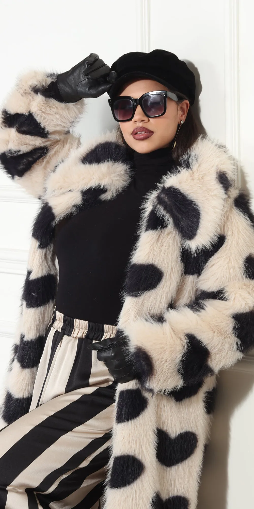 Luxe Moda LM345 - Beige Black - Heart Print Faux Fur Coat