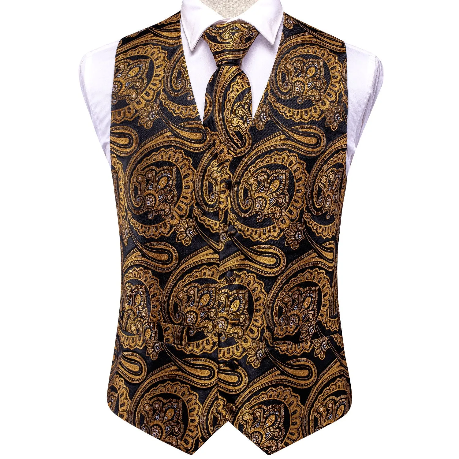 Luxury Black Golden Paisley Jacquard Silk Men's Vest Hanky Cufflinks Tie Set